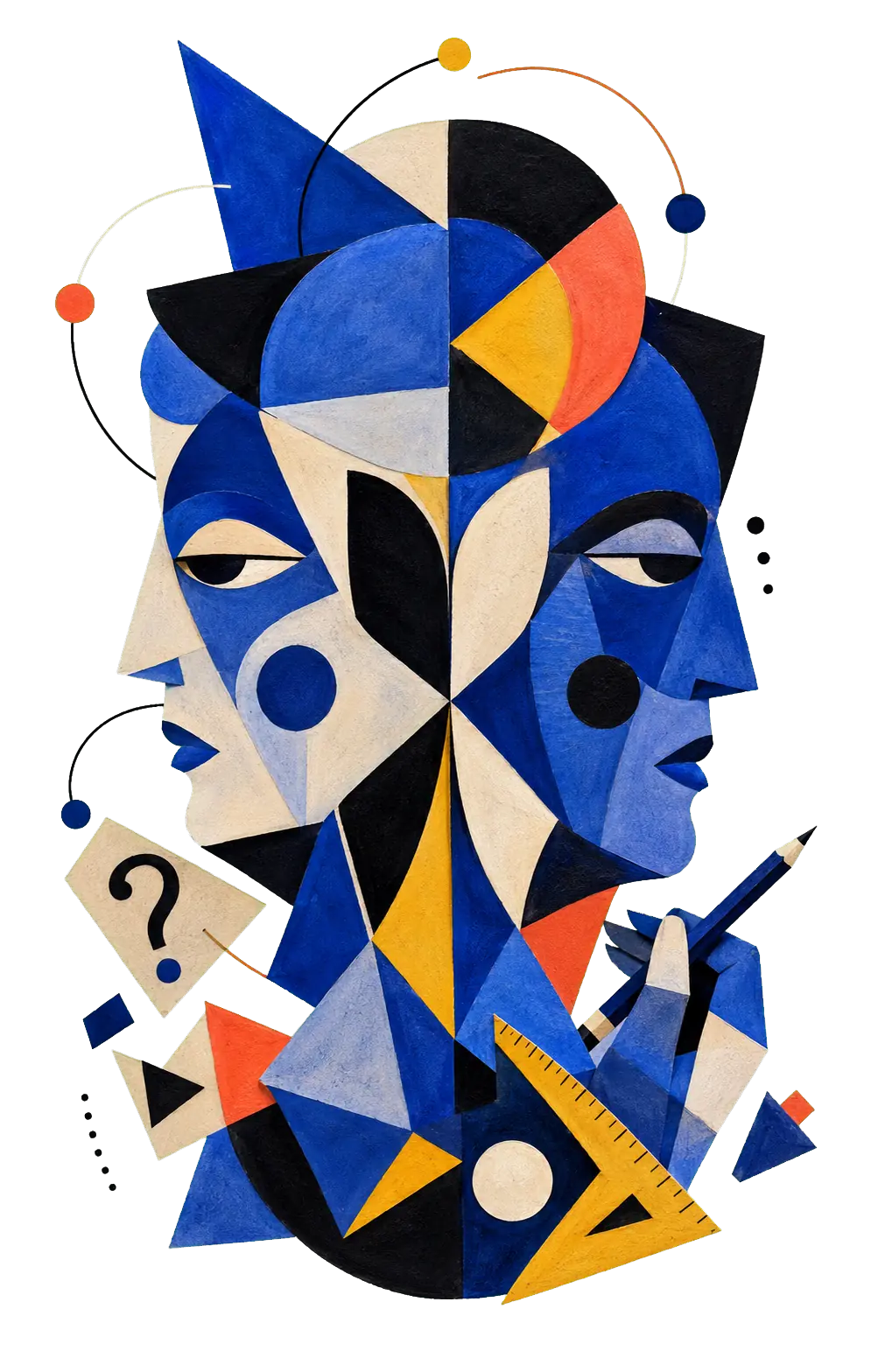 An original cubist double portrait representing reflection between a builder and an intelligent system